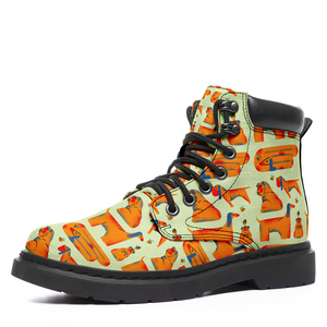 Dog Print Classic Boots Ankle Boots for Women Lace-Up Leather Ladies Fashionable Combat Boots